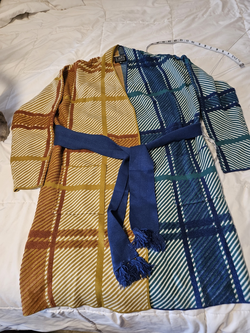 Two-Tone Plaid Wrap Cardigan with Belt - Blue & Mustard